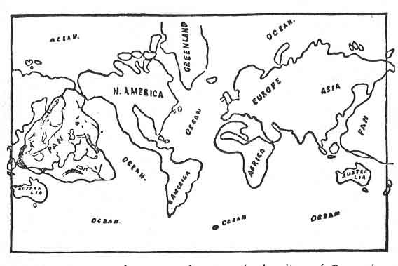 FIGURE 42. <i>Outline map showing the locality of Pan, the submerged continent</i>.<br> (From <i>Oahspe, A New Bible in the Words of Jehovih</i>; John Ballou Newbrough, 1891, Plate 62.)