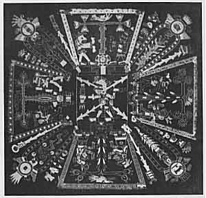 PLATE XXXIII. A WORLD-PICTURE OF THE AZTECS<br> <i>First page of the Codex Ferjvy-Mayer, representing the five regions of the world, and their tutelary deities</i>.<br> (From <i>Mythology of All Races</i>, 1927, Vol. XI, Plate VI)