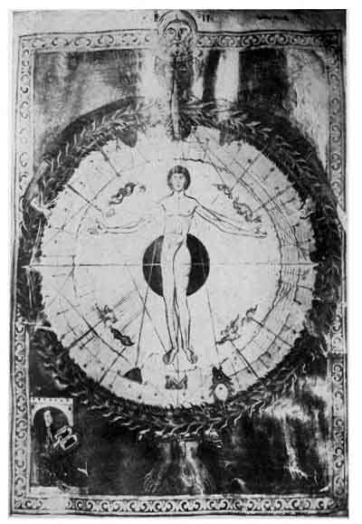 PLATE XXXVII. <i>Nous pervaded by the Godhead embracing the Macrocosm with the Microcosm</i>.<br> From ''The Scientific Views and Visions of Saint Hildegard,'' by Charles Singer. In <i>Studies in the History and Method of Science</i>, ed. by Charles Singer, 1917, Vol. I, Plate VII.
